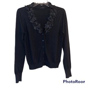 Worthington Black Embellished Neck Button Up Cardigan Sweater S
